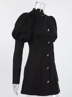 Puff Sleeve Mini Dress For Women Chic Retro Outfit - Black Elegant Stand Collar Slim Fit Bodycon - Spring Desk-to-dinner 2026