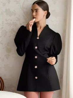 Puff Sleeve Mini Dress For Women Chic Retro Outfit - Black Elegant Stand Collar Slim Fit Bodycon - Spring Desk-to-dinner 2026