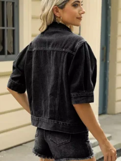 Puff Sleeve Denim Jacket For Women - Retro Half Sleeve Cropped Jean Trucker Coat - Summer Spring Streetwear 2026