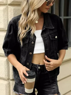 Puff Sleeve Denim Jacket For Women - Retro Half Sleeve Cropped Jean Trucker Coat - Summer Spring Streetwear 2026