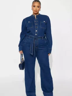 Puff Sleeve Denim Jumpsuit For Women - Dark Blue Retro Wide Leg Belted Button Front Romper - Spring Casual Party Wear 2026