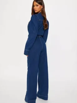 Puff Sleeve Denim Jumpsuit For Women - Dark Blue Retro Wide Leg Belted Button Front Romper - Spring Casual Party Wear 2026