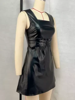 PU Leather Corset Dress Sleeveless Square Neck Sexy Short Club Dress For Women 2026