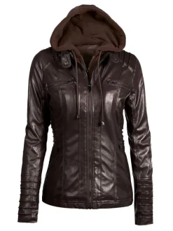 PU Leather Jacket Hooded Spring Outerwear For Women 2026