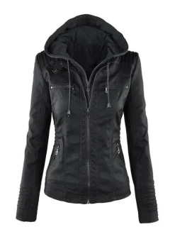PU Leather Jacket Hooded Spring Outerwear For Women 2026