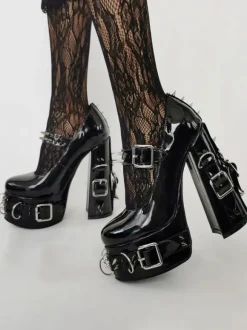 Punk Style High Heels Unisex Black Bukle Detail Rivets High Heels