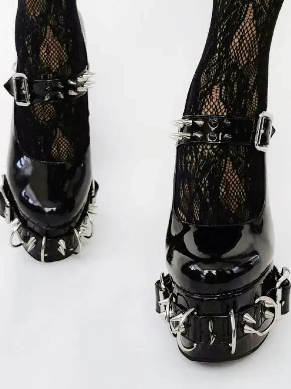 Punk Style High Heels Unisex Black Bukle Detail Rivets High Heels