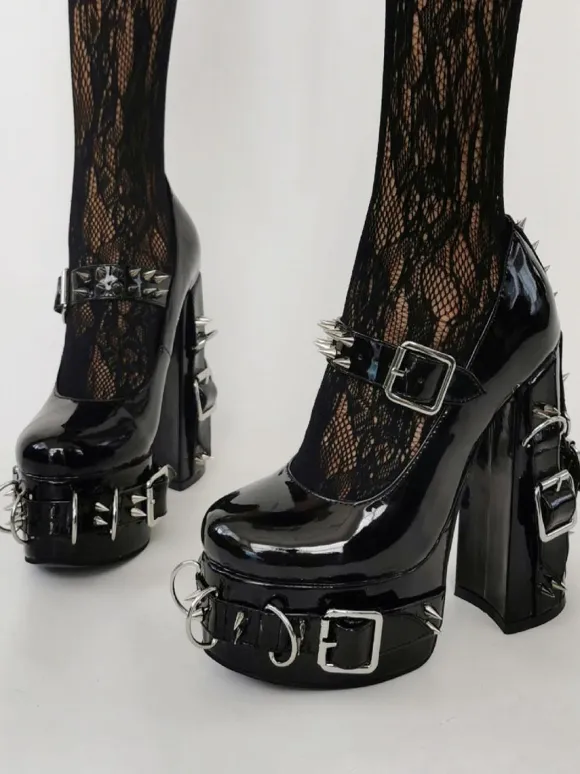 Punk Style High Heels Unisex Black Bukle Detail Rivets High Heels