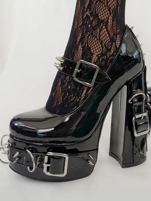 Punk Style High Heels Unisex Black Bukle Detail Rivets High Heels