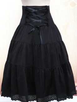 Pure Black Cotton Loltia Long Skirt High Waist Ruffles Trim