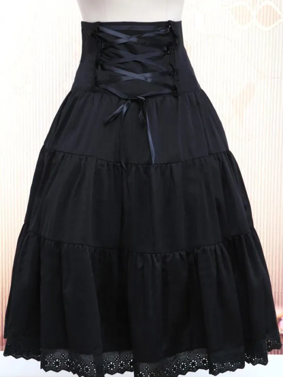 Pure Black Cotton Loltia Long Skirt High Waist Ruffles Trim
