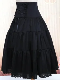 Pure Black Cotton Loltia Long Skirt High Waist Ruffles Trim