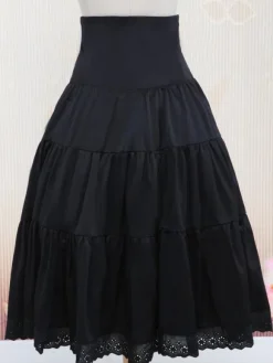 Pure Black Cotton Loltia Long Skirt High Waist Ruffles Trim