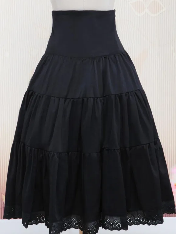 Pure Black Cotton Loltia Long Skirt High Waist Ruffles Trim