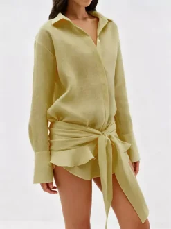 Pure Cotton Shirt Dress For Women - Resort Wrap Tie Front 2 Piece Set - Summer Beach Vacation 2026
