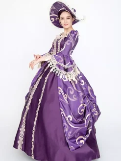 Purple Retro Costumes Women's Floral Print Lace Lace Ruffles Polyester Set Marie Antoinette Costume Dress Hat Vintage