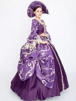 Purple Retro Costumes Women's Floral Print Lace Lace Ruffles Polyester Set Marie Antoinette Costume Dress Hat Vintage
