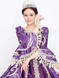 Purple Retro Costumes Women's Floral Print Lace Lace Ruffles Polyester Set Marie Antoinette Costume Dress Hat Vintage