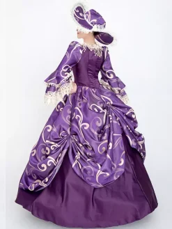 Purple Retro Costumes Women's Floral Print Lace Lace Ruffles Polyester Set Marie Antoinette Costume Dress Hat Vintage