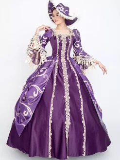 Purple Retro Costumes Women's Floral Print Lace Lace Ruffles Polyester Set Marie Antoinette Costume Dress Hat Vintage