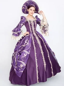 Purple Retro Costumes Women's Floral Print Lace Lace Ruffles Polyester Set Marie Antoinette Costume Dress Hat Vintage