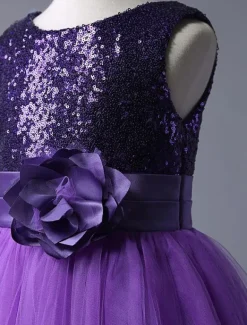 Purple Flower Girl Dresses Sequined Bodice Tulle Tutu Dress Sleeveless Flower Sash Short Kids Party Dress