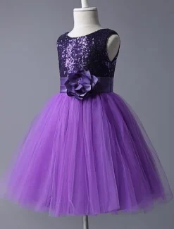 Purple Flower Girl Dresses Sequined Bodice Tulle Tutu Dress Sleeveless Flower Sash Short Kids Party Dress