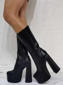Purple Gogo Boots Sexy Platform Chunky Heel Mid Calf Boots Black