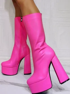 Purple Gogo Boots Sexy Platform Chunky Heel Mid Calf Boots Black