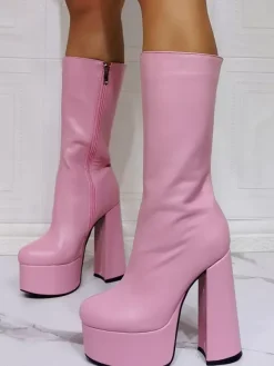 Purple Gogo Boots Sexy Platform Chunky Heel Mid Calf Boots Black