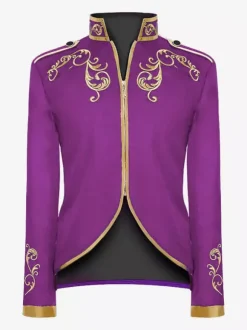 Purple Men's Retro Steampunk Coat High Collar Embroidery Front Zip Long Sleeves Vintage Coat