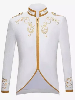 Purple Men's Retro Steampunk Coat High Collar Embroidery Front Zip Long Sleeves Vintage Coat