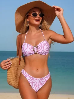 Push Up Bikini Set For Women - Zebra Print Ring Front Bandeau Top & High Cut Bottom 2 Piece Swimsuit - Summer Beach 2026