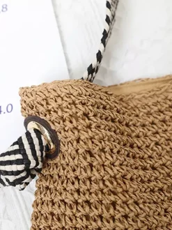 Raffia Woven Tote Bag Striped Fabric Shoulder Strap Large Capacity Summer Beach Vacation Handbag
