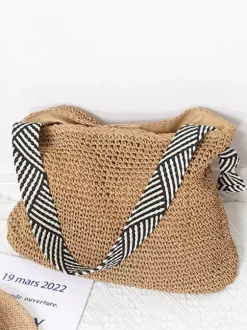 Raffia Woven Tote Bag Striped Fabric Shoulder Strap Large Capacity Summer Beach Vacation Handbag