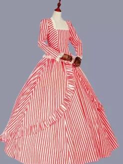 Red Retro Tudor Dress Costumes Ruffles Polyester Marie Antoinette Costume Stripes Dress Women's Retro Tunic Party Prom Dress
