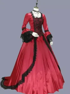 Red Retro Tudor Dress Costumes Women's Marie Antoinette Costume Lace Ruffles Polyester Tunic Dress Retro Party Prom Dress Burgundy