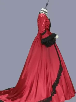 Red Retro Tudor Dress Costumes Women's Marie Antoinette Costume Lace Ruffles Polyester Tunic Dress Retro Party Prom Dress Burgundy