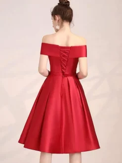 Red Cocktail Dress 2026 Satin Off Shoulder Knee Length Formal Party Dresses Free Customization