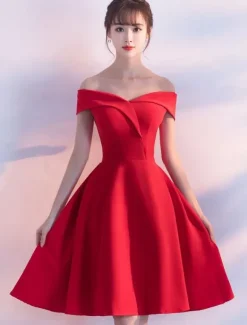 Red Cocktail Dresses Satin Off The Shoulder Short Homecoming Dress A Line Knee Length Party Dress wedding guest dress