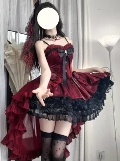 Red Gothic Lolita Dresses Spaghetti Bows Rose Short Lolita Dress With Train