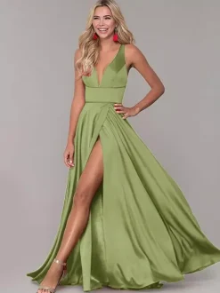 Red Prom Dresses With Slit Evening Dress 2026 A-Line V-Neck Sleeveless Split Front Formal Dresses Wedding Guest Dresses Free Customization