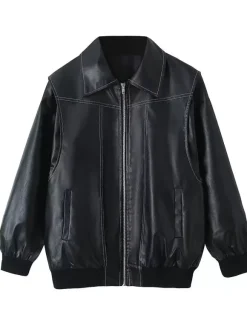 Red PU Leather Jacket Collared Long Sleeves Zipper Daily Casual Jackets