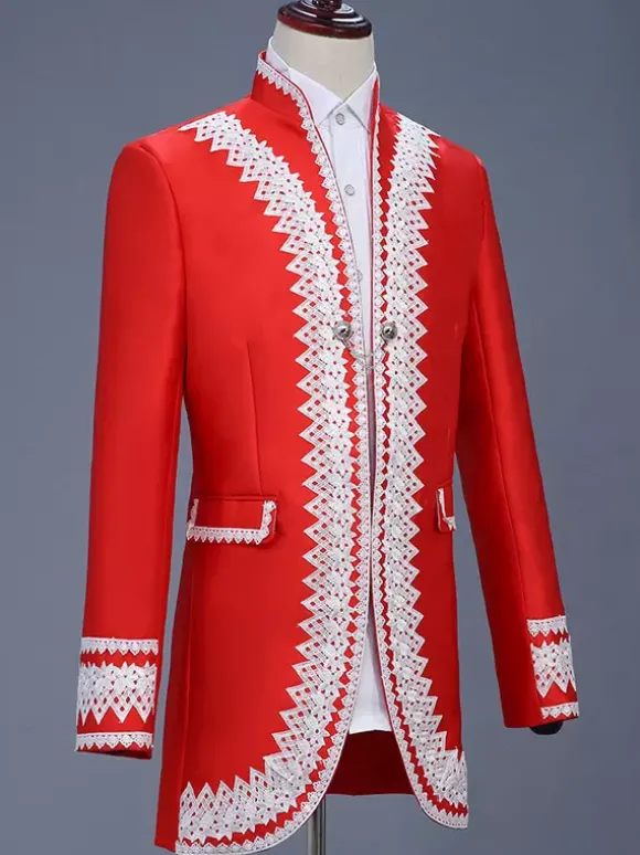 Red Vintage Top Elegant Polyester Long Sleeves Retro Costumes For Man Burgundy