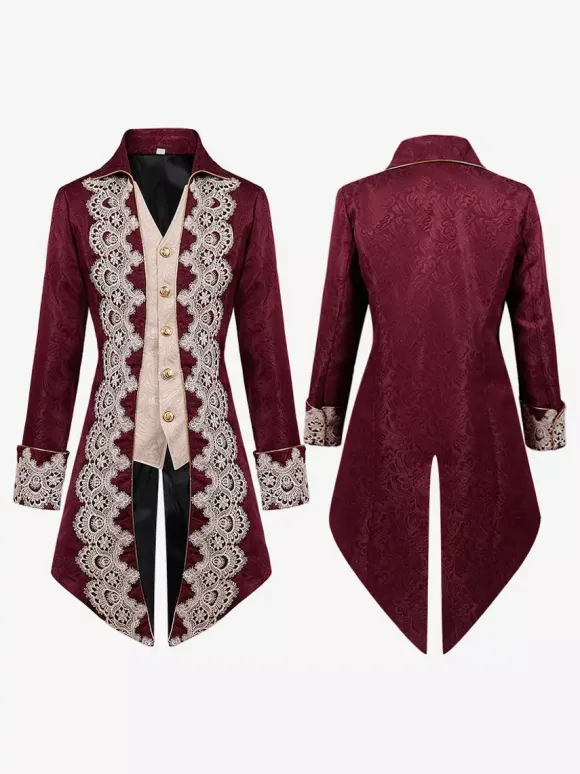 Red Vintage Top Renaissance Floral Print Long Sleeves Polyester Polyester Fiber Overcoat Retro Costumes For Man Burgundy