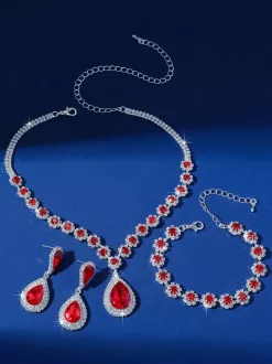 Red Vintage Victorian Jewelry Set Necklace Earrings Armwear Retro Rhinestone Set