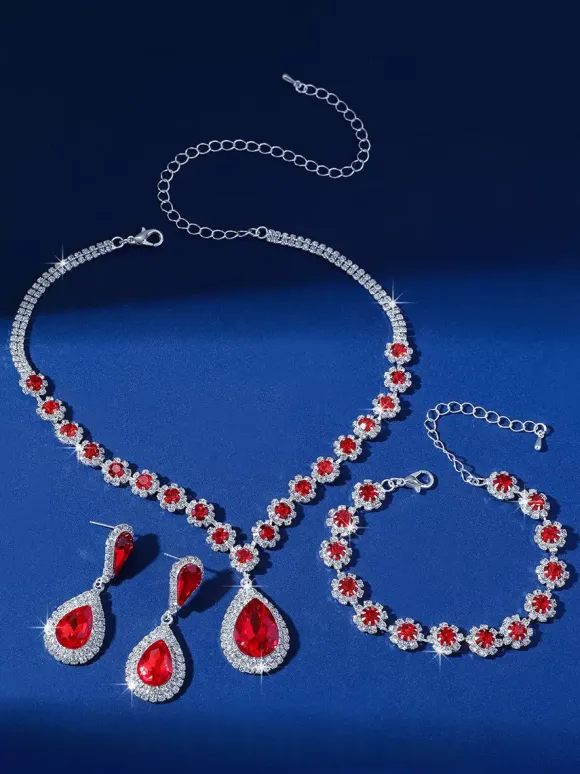 Red Vintage Victorian Jewelry Set Necklace Earrings Armwear Retro Rhinestone Set