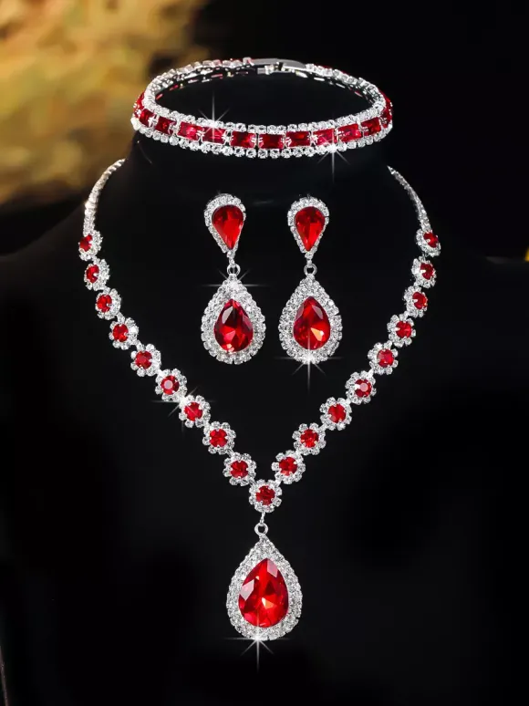 Red Vintage Victorian Jewelry Set Necklace Earrings Armwear Retro Rhinestone Set