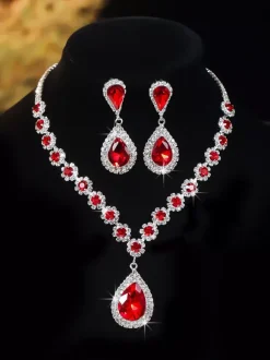 Red Vintage Victorian Jewelry Set Necklace Earrings Armwear Retro Rhinestone Set