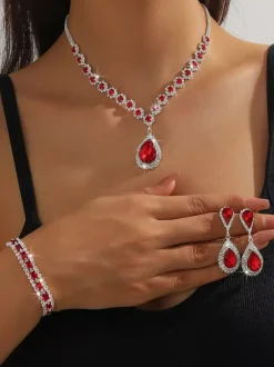 Red Vintage Victorian Jewelry Set Necklace Earrings Armwear Retro Rhinestone Set